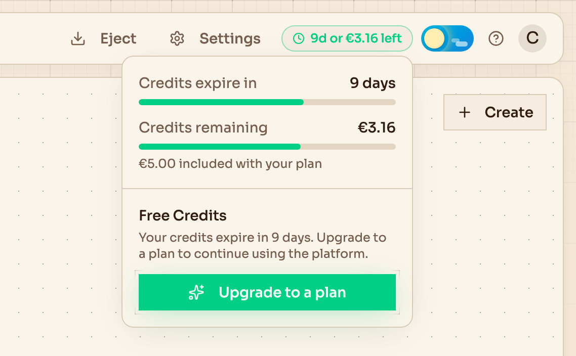 The trial badge in the dashboard header, open to show the days and credit left