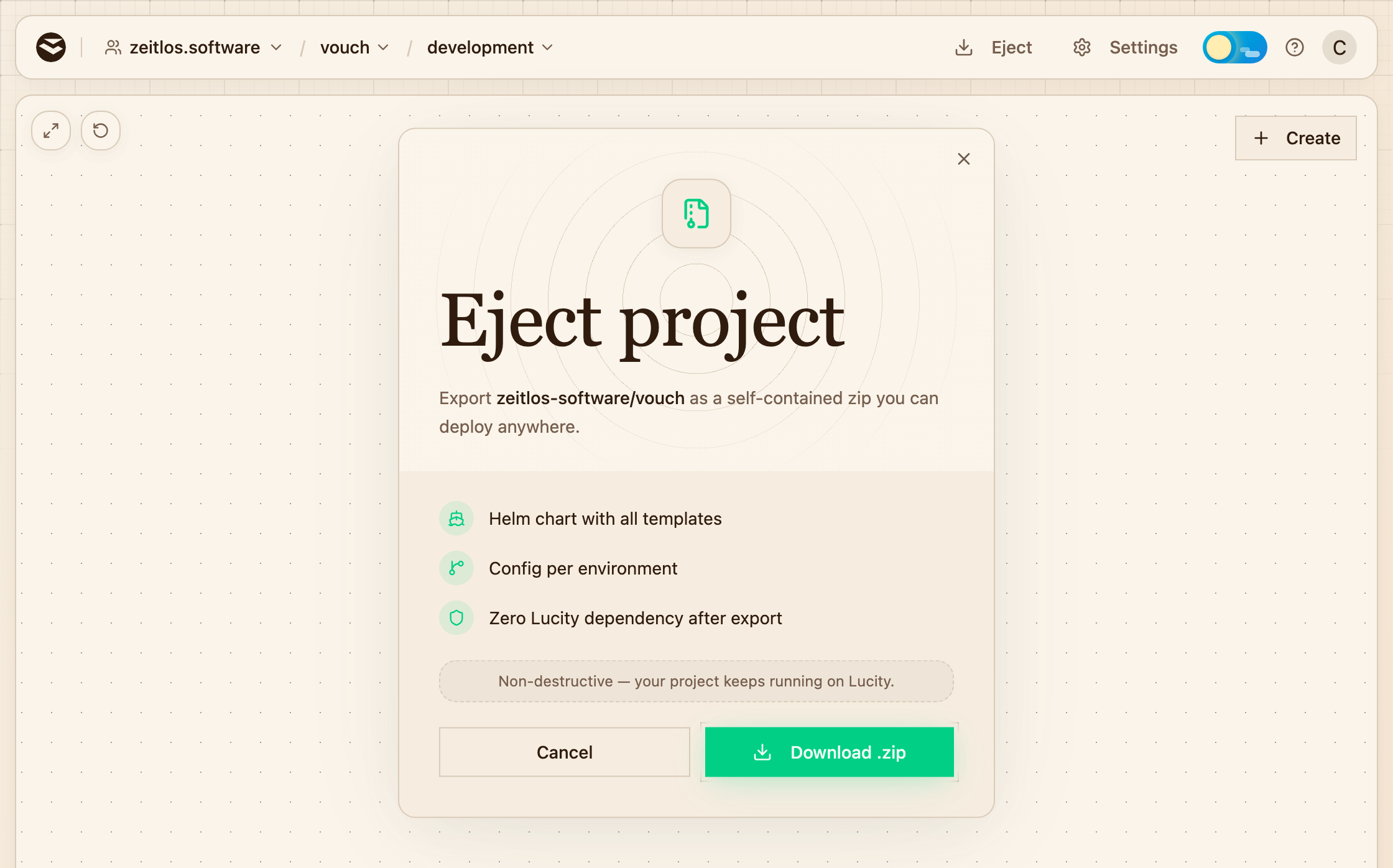 The Eject dialog, opened from the Eject button in the project header, with Download .zip at the bottom