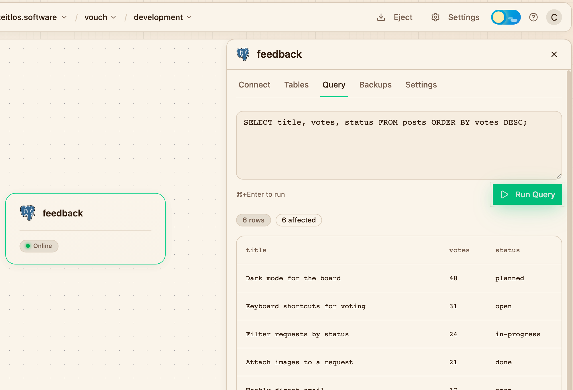The database panel on the Query tab, showing the result of a SELECT