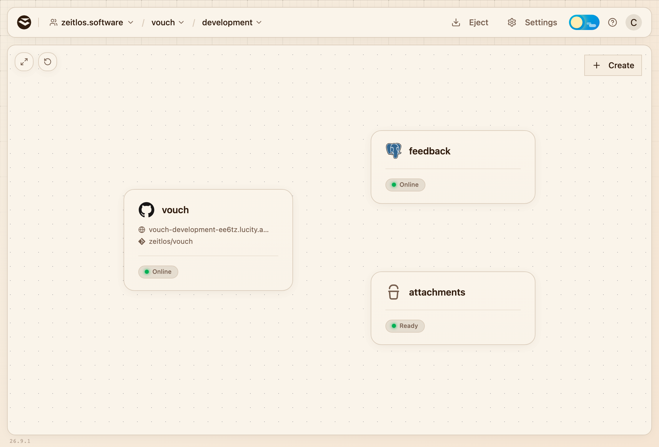 A project's canvas with a service, a database and a bucket, below the workspace, project and environment switchers in the header