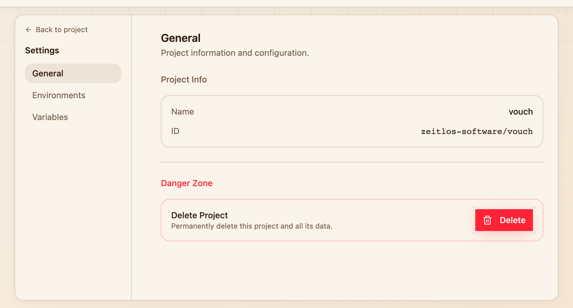 Project settings on the General section, with the project name and identifier above the Danger Zone