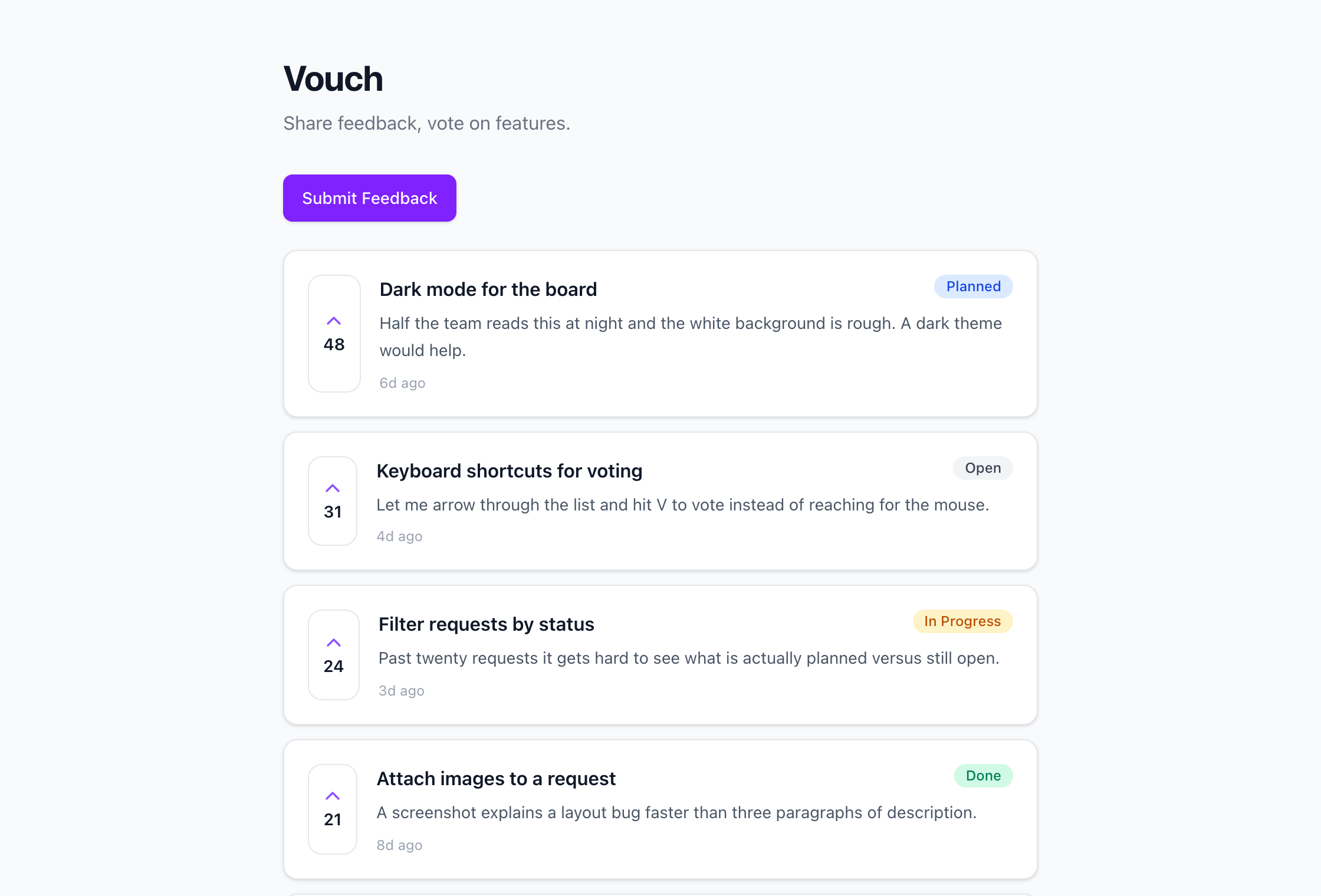 The Vouch board running on its platform domain