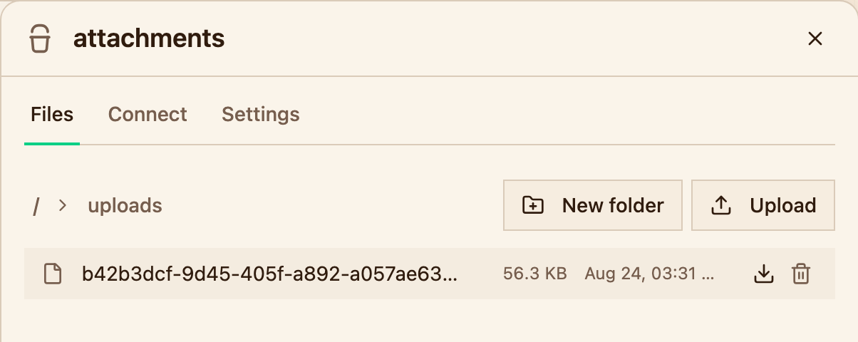 The bucket panel on the Files tab showing the uploads prefix