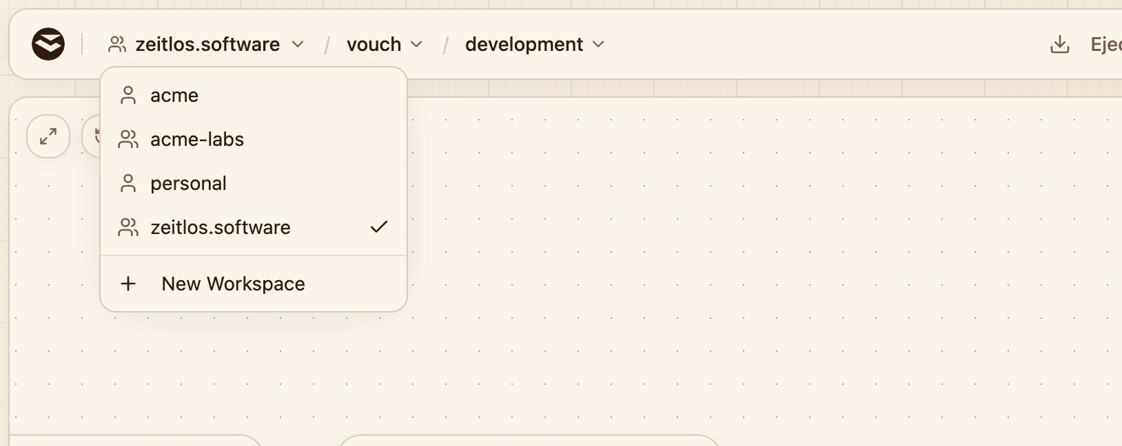The workspace picker open in the dashboard header, listing the workspaces you belong to