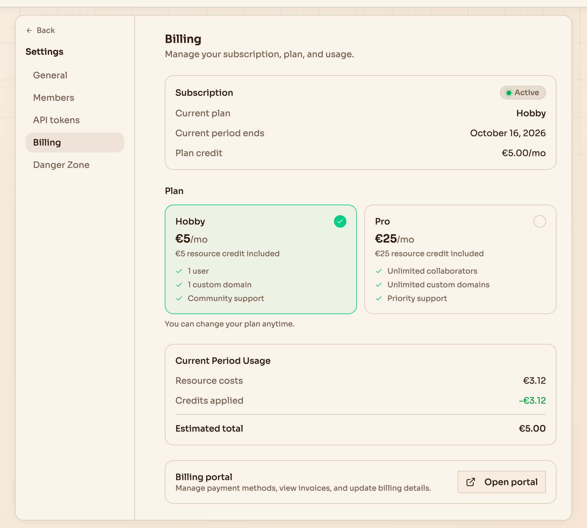 The Billing section of the workspace settings, showing the plan, the resource costs so far and the estimated total