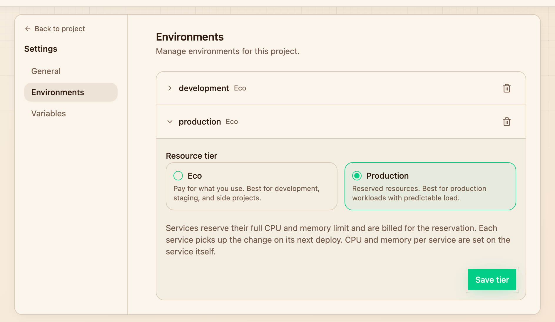 Project settings on the Environments section, with the development environment expanded to show its tier