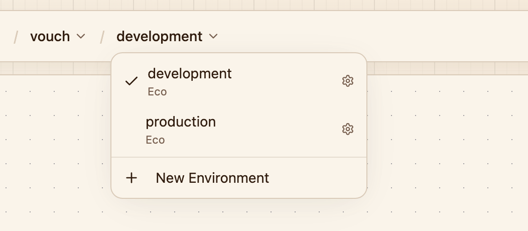 The environment switcher open in the header, listing the project's environments with their tier