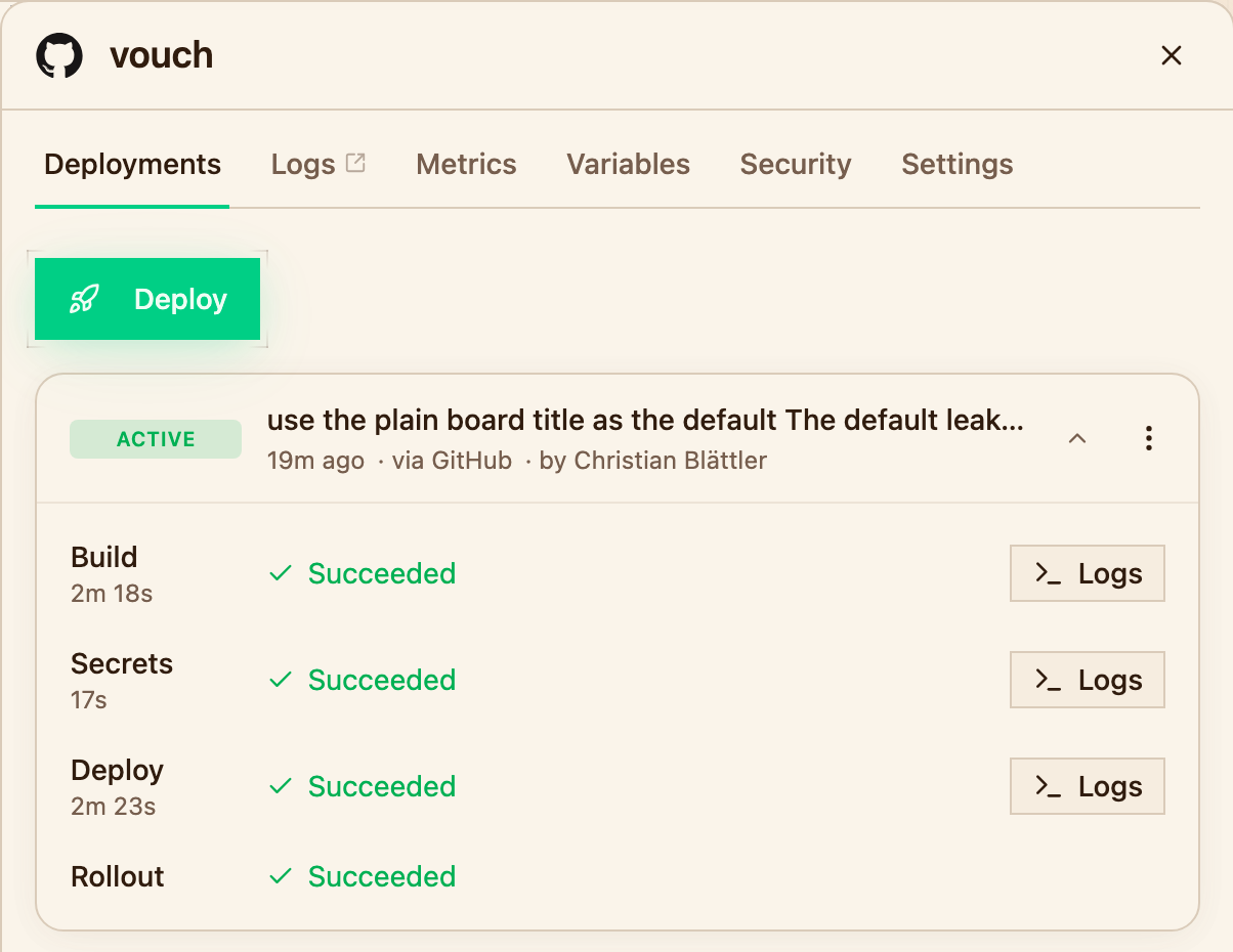 A deployment expanded in the Deployments tab, with a Logs button next to its Build, Secrets and Deploy steps