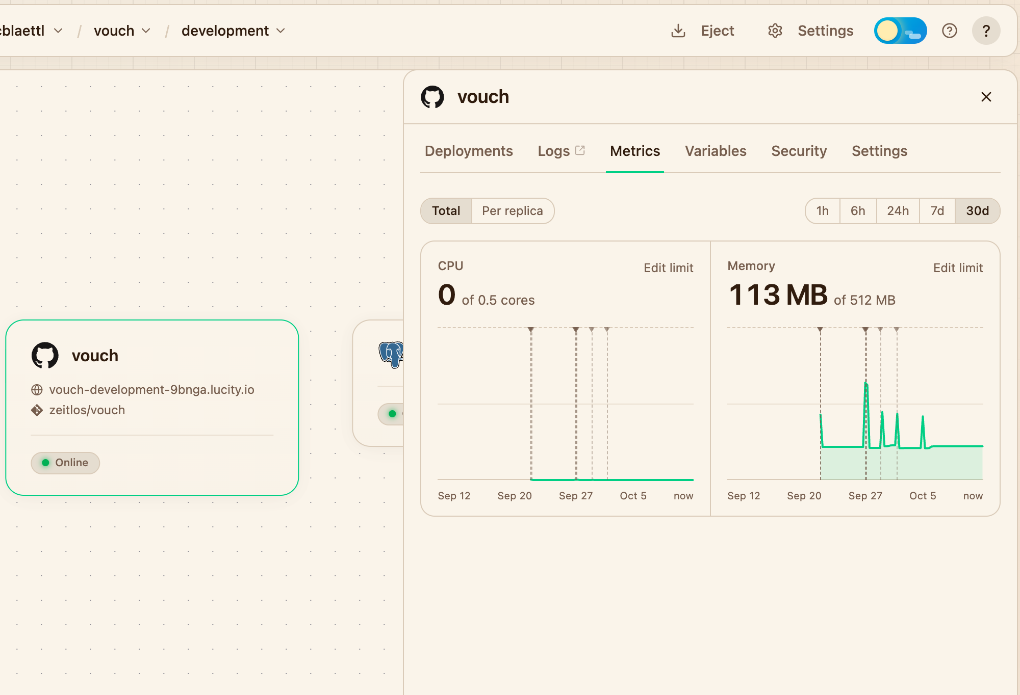 The Metrics tab of a service, charting CPU and memory over the last 30 days