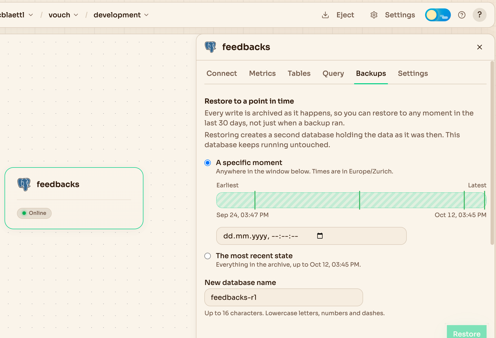 The Backups tab of a database, with the window it can be restored to and the base backups marked on it