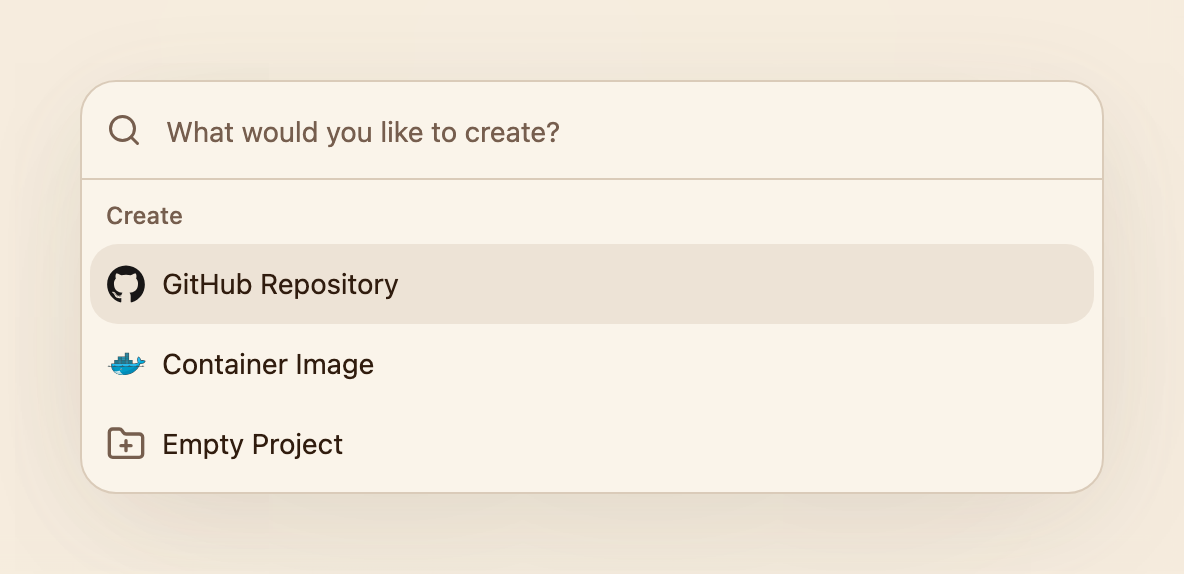 The create palette on the projects page, offering a GitHub repository, a container image or an empty project
