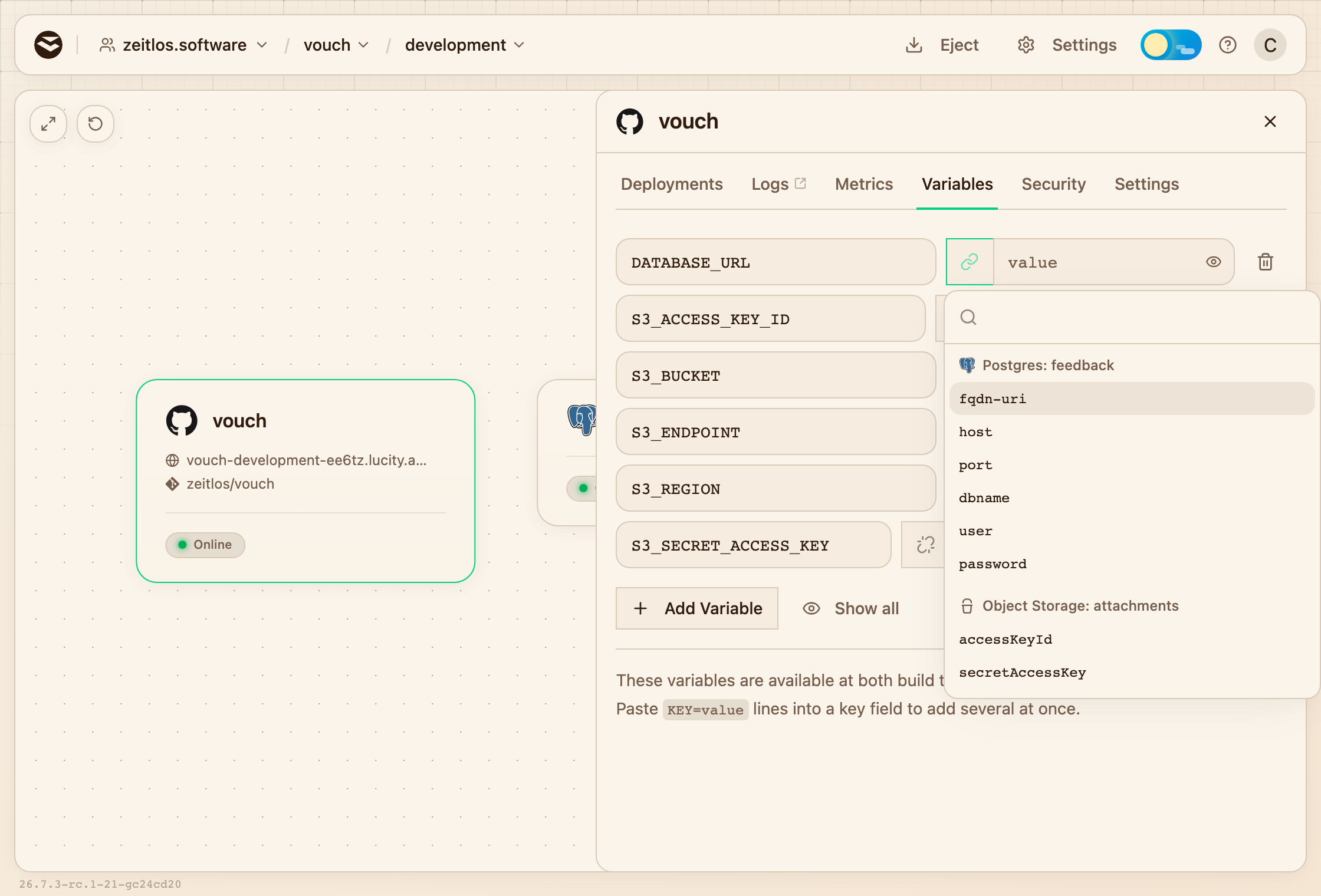 The Variables tab with the dynamic variable picker open on the Postgres group